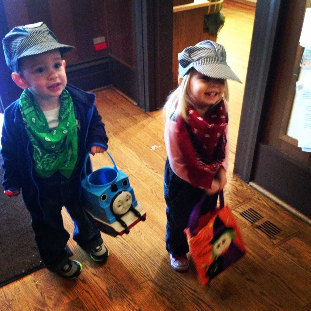 Train conductors trick or treating downtown - Katie Apgar